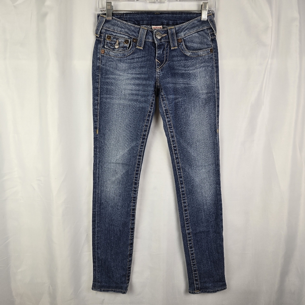 Y2K True Religion World Tour Low Rise Skinny Blue Denim Jeans Womens Size 25